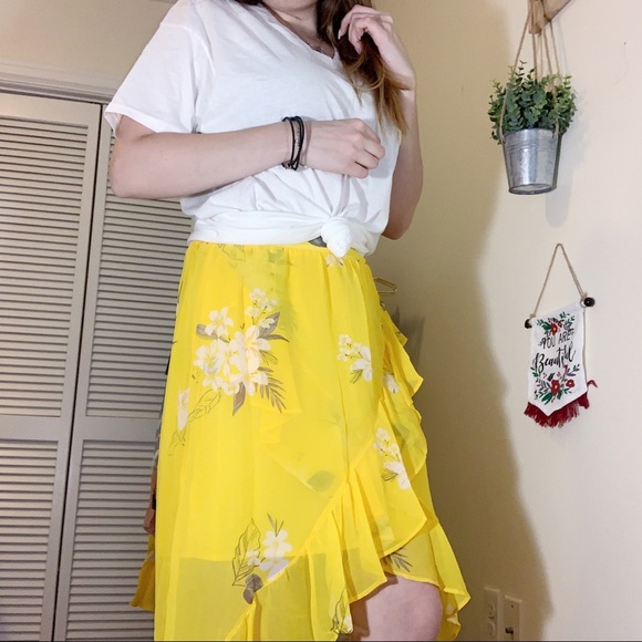 threadsndthings Dresses & Skirts - Yellow Floral Wrap Skirt Ruffle Hem